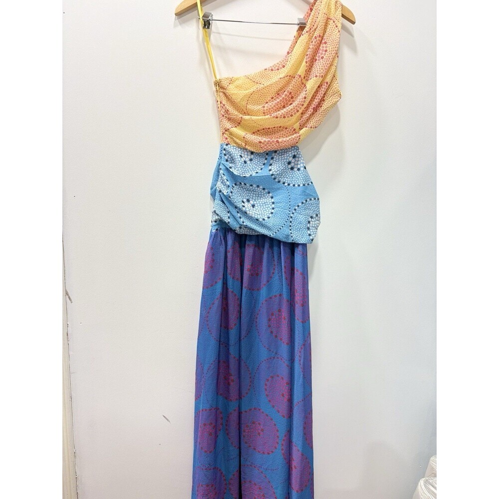 STAUD Size 2 Colorblock One Shoulder Maxi Dress Blue Pink Yellow Ashlyn Cutout